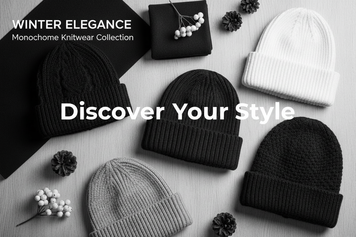 create a black and white themed image with beanies and add the text discover your style